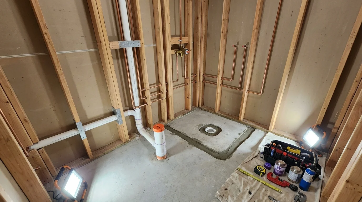 Bathroom rough-in plumbing during remodel by Johns Plumbing LLC in Francestown