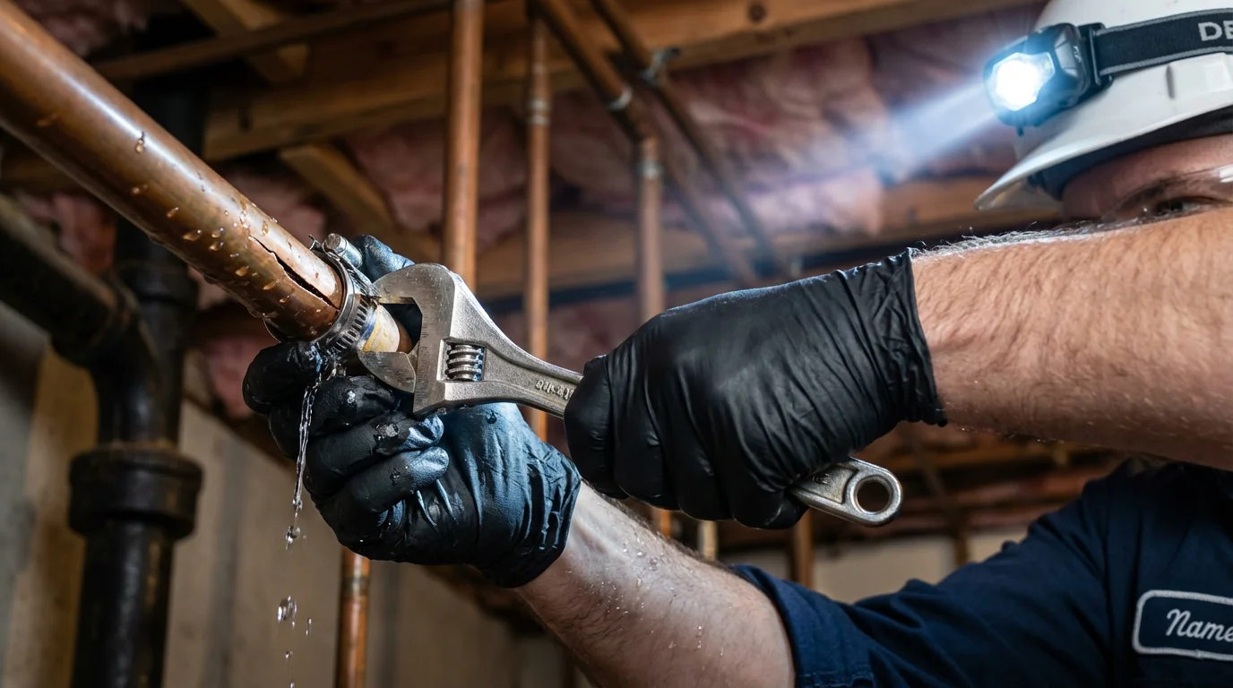 Emergency pipe clamp repair being performed by a Johns Plumbing LLC plumber in Francestown