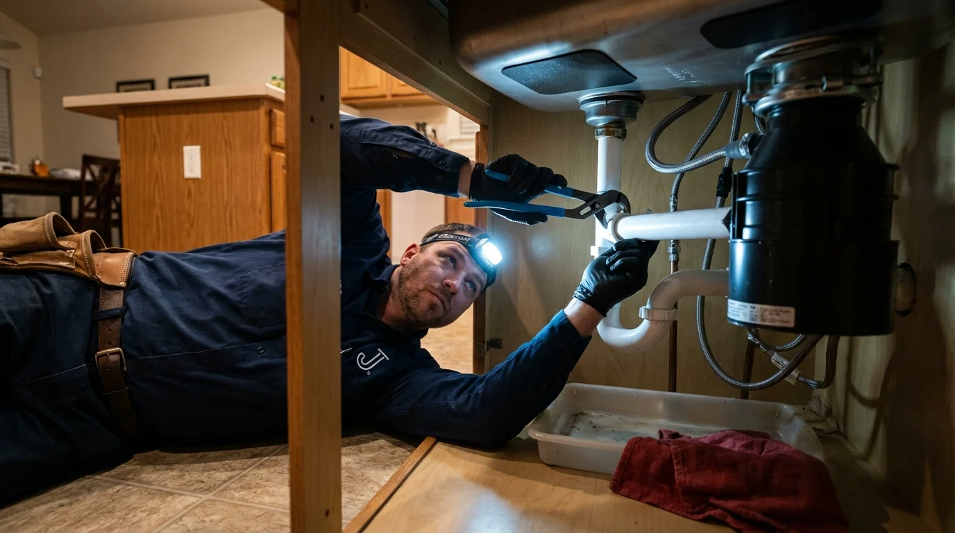 P-trap and supply line connections under a kitchen sink showing a common leak point in Francestown, NH